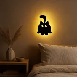 3D Cute Cat Round Wall Lamp – Modern Ambient Bedroom Light | Plug & Play, No Wires